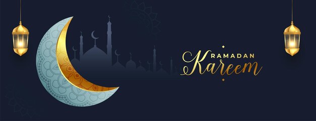 Diseño de banner de luna ornamental dorada de ramadan kareem