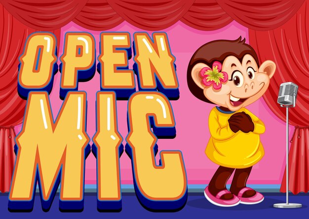 Diseño de banner de micrófono abierto con el pequeño mono cantando
