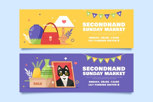 Diseño de banner de tienda de segunda mano dibujado a mano