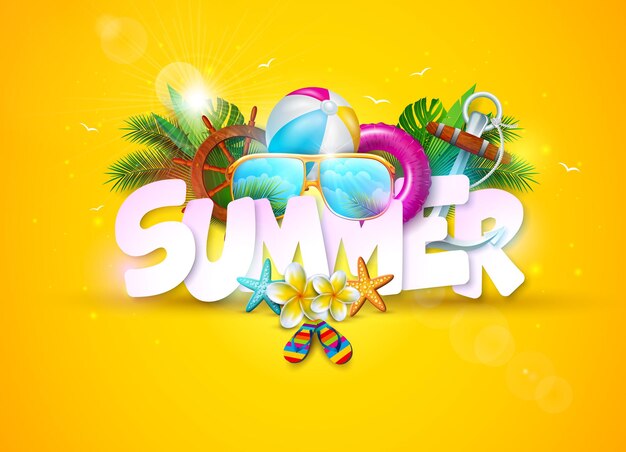 Diseño de banner de vacaciones de verano con letras 3d y elementos de playa coloridos sobre fondo amarillo sol