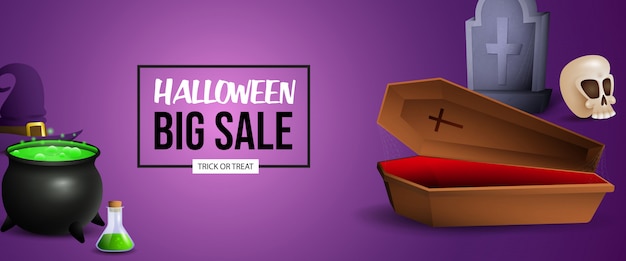 Vector gratuito diseño de banner de venta de halloween con poción, ataúd y tumba