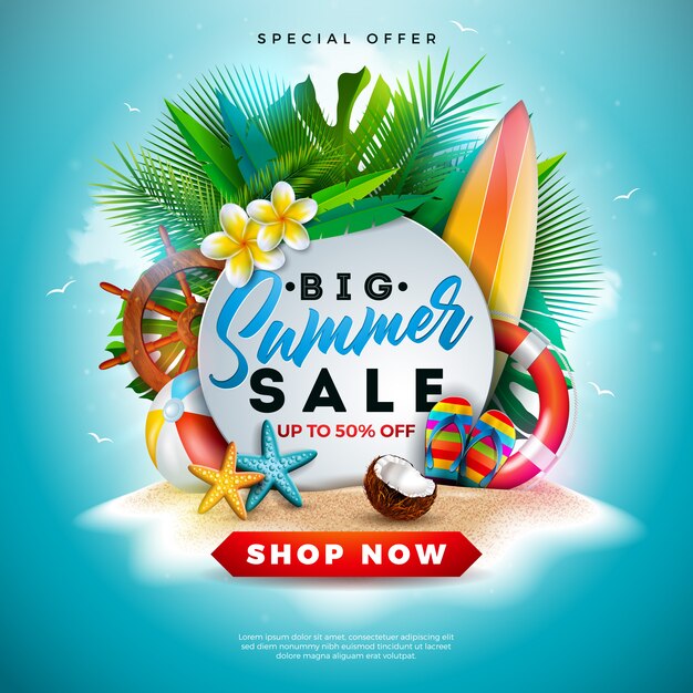 Diseño de banner de venta de verano con flores exóticas hojas en azul océano