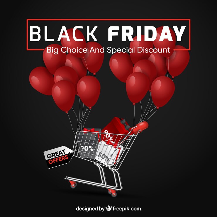 Vector gratuito diseño de black friday con globos y carro