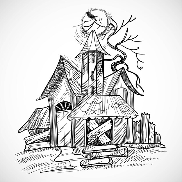 Diseño de boceto de casa espeluznante de feliz halloween