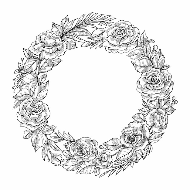Diseño de boceto de marco floral circular de boda hermosa