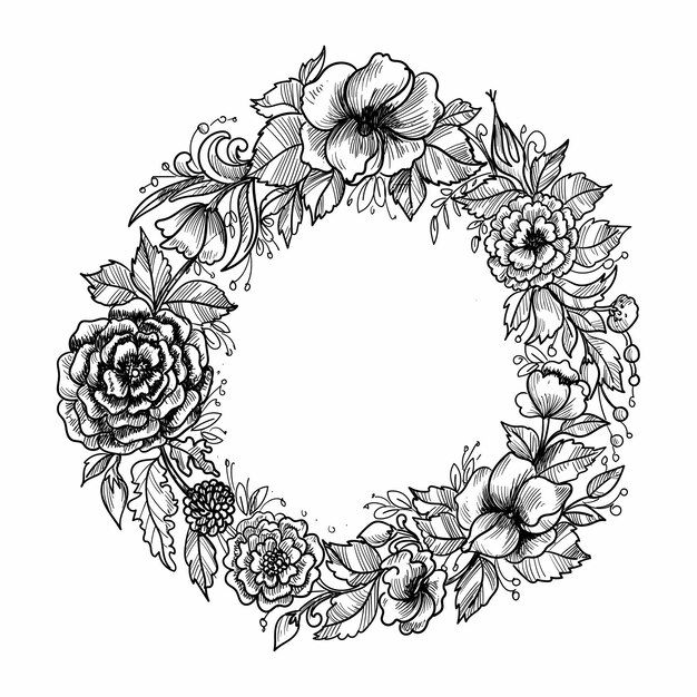 Diseño de boceto de marco floral circular de boda hermosa