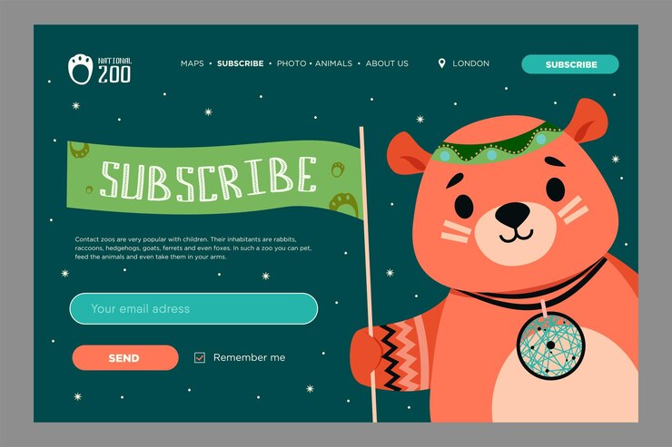 Vector gratuito diseño de boletín con animales salvajes de dibujos animados. lindo oso con decoraciones en estilo boho