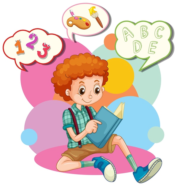 Diseño de burbujas de discurso con libro de lectura de niño