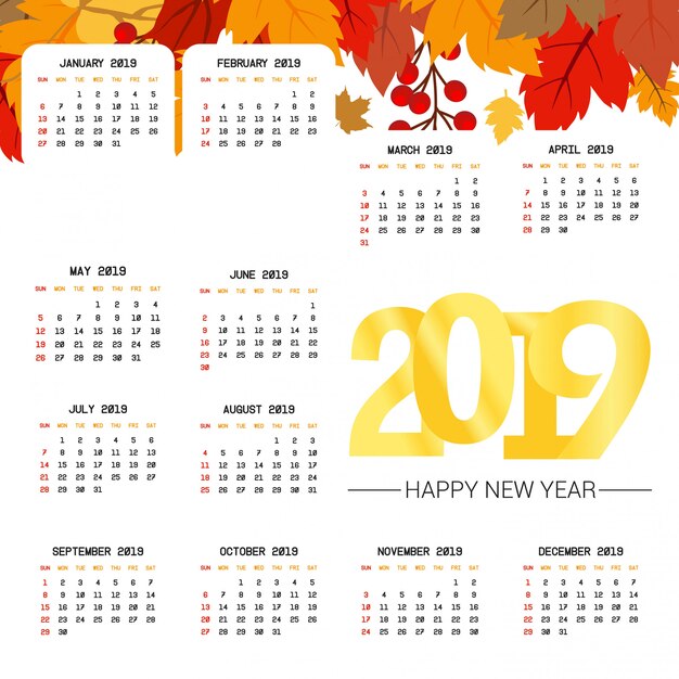 Diseño de calendario 2019 con vector de fondo claro