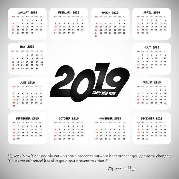 Diseño de calendario 2019 con vector de fondo claro