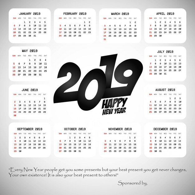 Diseño de calendario 2019 con vector de fondo claro