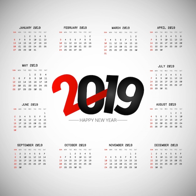 Diseño de calendario 2019 con vector de fondo claro