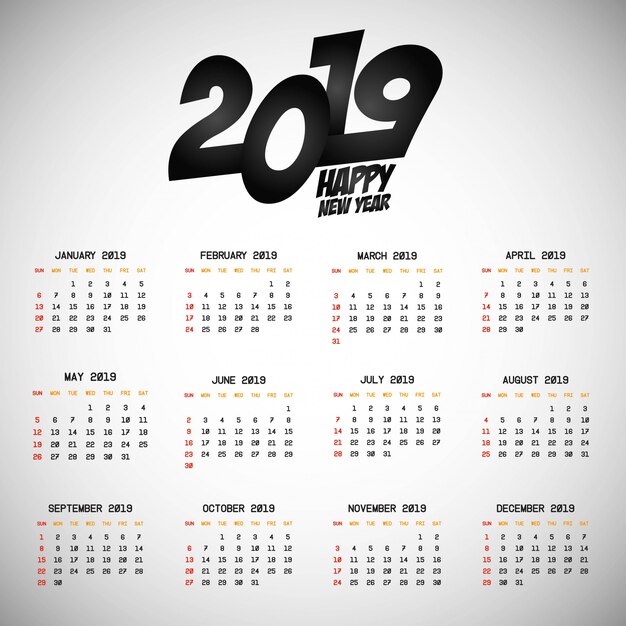 Diseño de calendario 2019 con vector de fondo claro