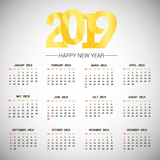 Diseño de calendario 2019 con vector de fondo claro