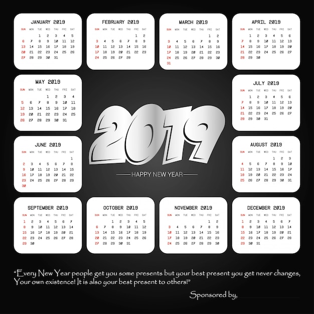 Diseño de calendario 2019 con vector de fondo negro