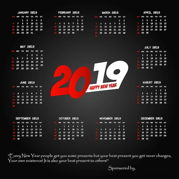 Diseño de calendario 2019 con vector de fondo negro