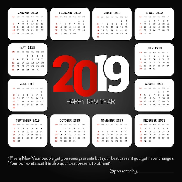 Vector gratuito diseño de calendario 2019 con vector de fondo negro