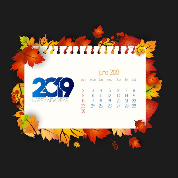 Diseño de calendario 2019 con vector de fondo oscuro