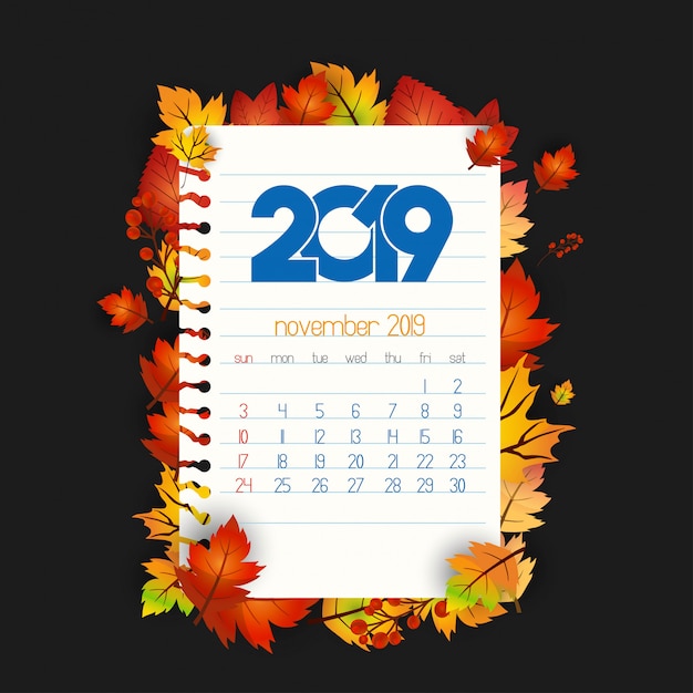 Diseño de calendario 2019 con vector de fondo oscuro