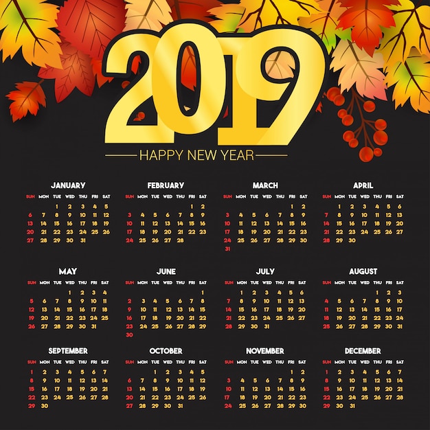 Vector gratuito diseño de calendario 2019 con vector de fondo oscuro