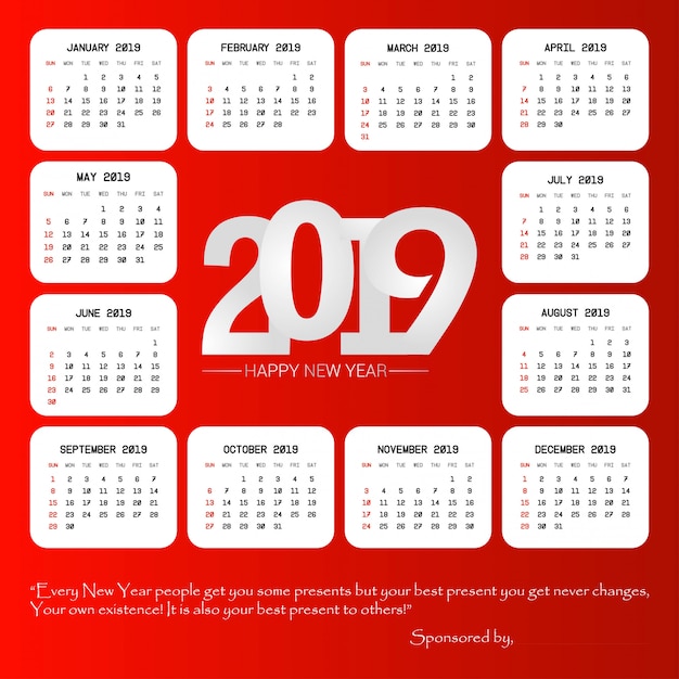 Diseño de calendario 2019 con vector de fondo rojo