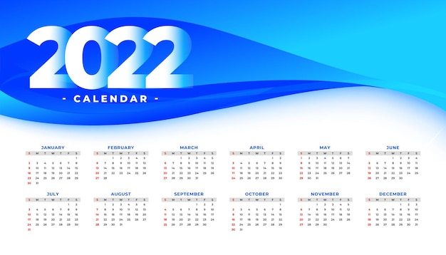 Diseño de calendario 2022 ondulado azul de estilo empresarial vector gratuito