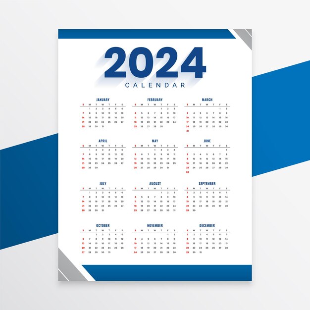 Diseño de calendario de año nuevo inglés 2024 en blanco y azul, un vector de diseño imprimible