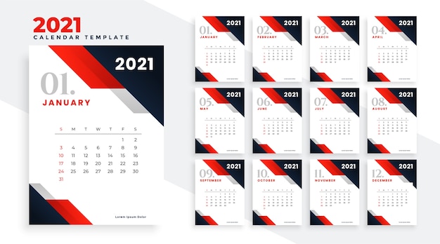 Diseño de calendario feliz año nuevo 2021 en estilo empresarial rojo