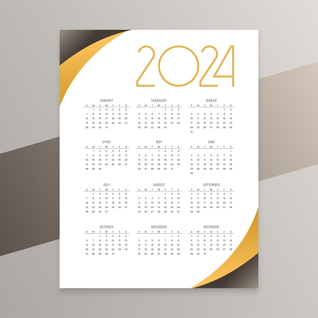 Diseño de calendario planificador mensual 2024 negro y dorado un vector de diseño de página completa