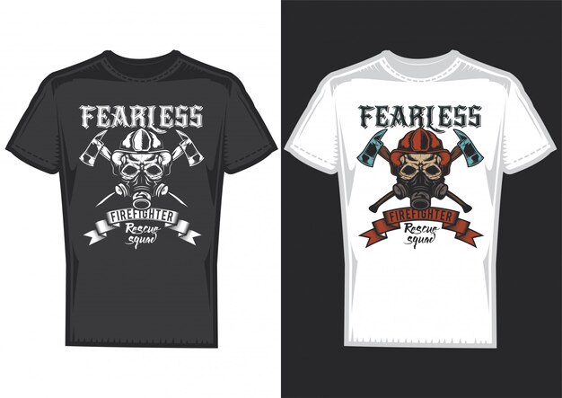 Diseño de camiseta en 2 camisetas con carteles de bomberos con cintas y hachas.