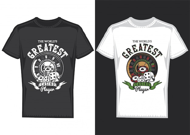 Diseño de camiseta en 2 camisetas con carteles de elementos de casino: cartas, fichas y ruleta.