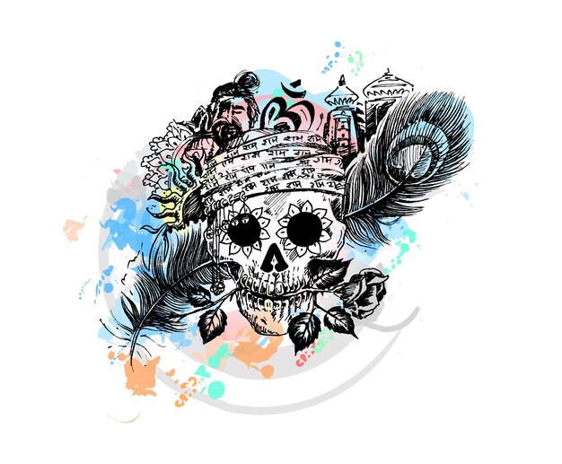 Diseño de camiseta: calavera de hombre con templo de plumas de pavo real rosa para magia negra.