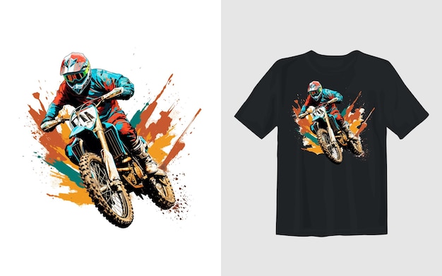 Vector gratuito diseño de camiseta de motociclista de ilustración vectorial de dibujos animados de moto de cross extrema