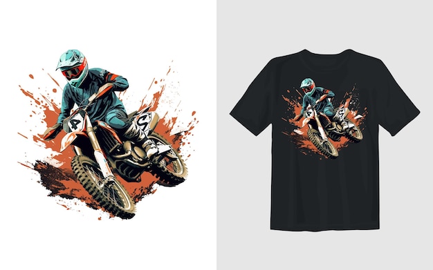 Vector gratuito diseño de camiseta de motociclista de ilustración vectorial de dibujos animados de moto de cross extrema