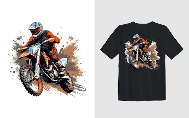 Diseño de camiseta de motociclista de ilustración vectorial de dibujos animados de moto de cross extrema