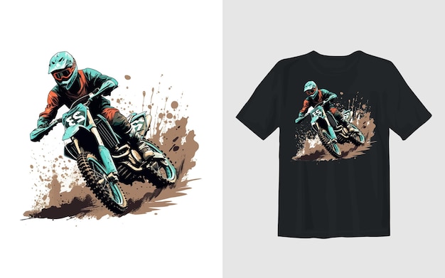 Diseño de camiseta de motociclista de ilustración vectorial de dibujos animados de moto de cross extrema