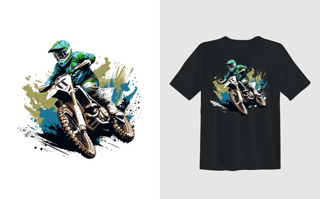 Diseño de camiseta de motociclista de ilustración vectorial de dibujos animados de moto de cross extrema