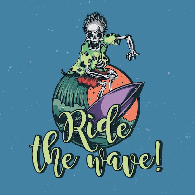 Diseño de camiseta o cartel con ilustración de esqueleto en tabla de surf