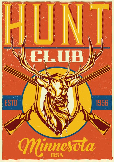Diseño de camiseta o póster con ilustración de dos rifles y cabeza de ciervo