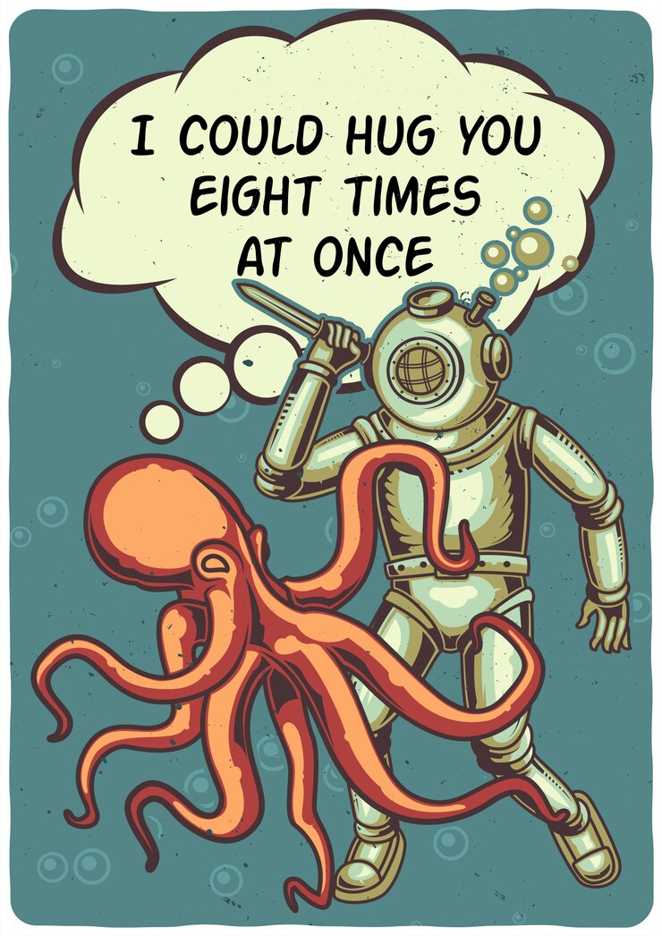Vector gratuito diseño de camiseta o póster con ilustración de un pulpo y un buzo.