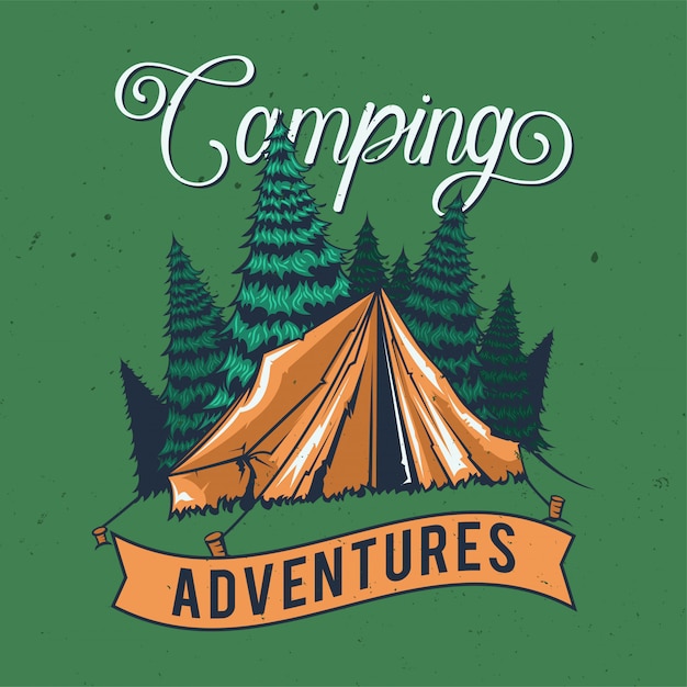 Diseño de camiseta o póster con ilustración de una tienda de campaña.