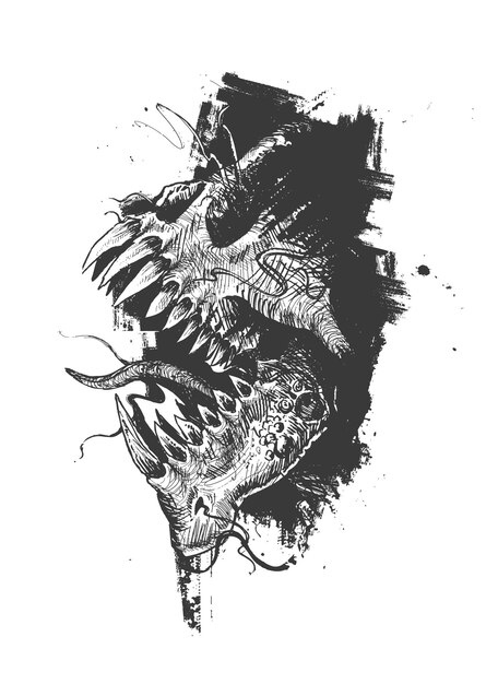 Diseño de camiseta de tatuaje de monstruo agresivo Ilustración de vector de boceto dibujado a mano