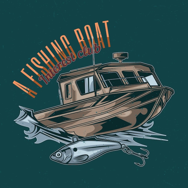 Vector gratuito diseño de camiseta de tema náutico con ilustración de barco de pesca.