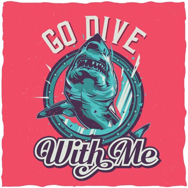 Diseño de camiseta de tema náutico con ilustración de tiburón enojado