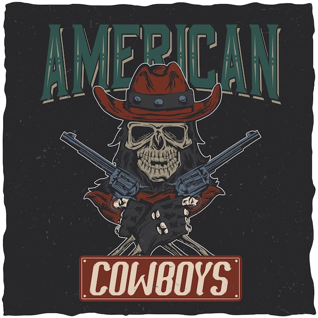 Diseño de camiseta de vaquero con ilustración de calavera en el sombrero con dos pistolas en las manos.