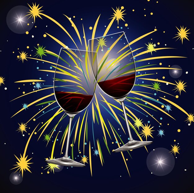 Diseño de cartel para año nuevo con bebidas y fuegos artificiales.
