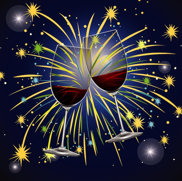 Diseño de cartel para año nuevo con bebidas y fuegos artificiales.