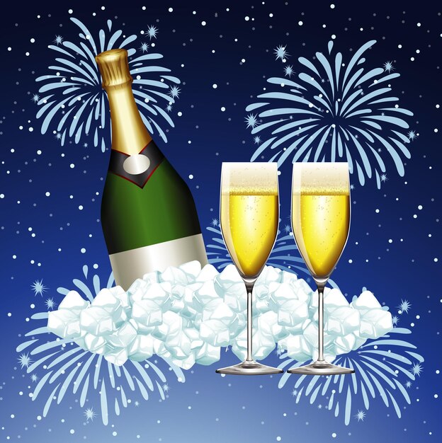 Diseño de cartel para año nuevo con champán y fuegos artificiales.
