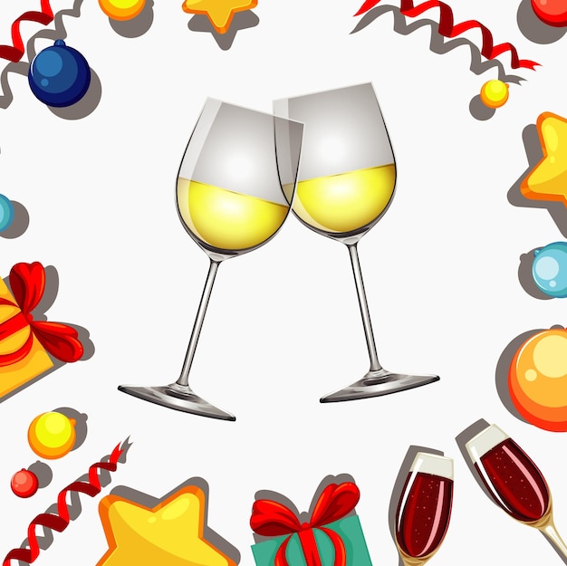 Diseño de cartel para año nuevo con dos copas de vino.