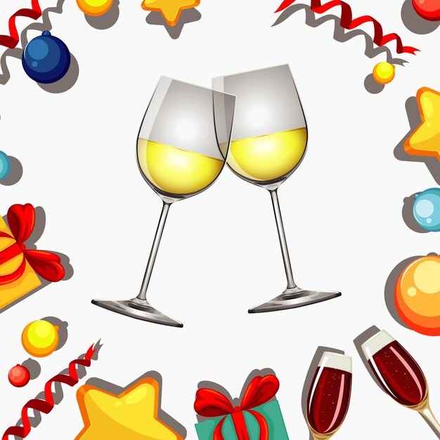 Diseño de cartel para año nuevo con dos copas de vino.